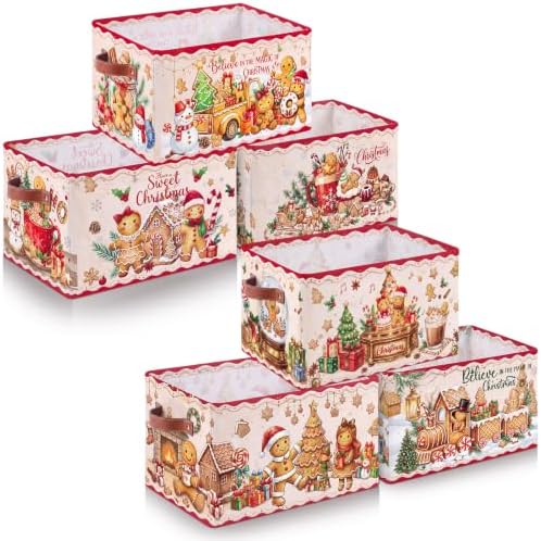 6 Pcs Christmas Gingerbread Storage Bins with Handles, Xmas Gift Baskets by Acellegic