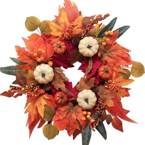 Fall Wreaths for Front Door, DECSPAS 21" Thanksgiving Fall Wreath with Maple Leaves Pumpkin Berries, Autumn Decorations for Home, Artificial Harvest Door Wreath Outside, Window, Wall, Mantel Decor by DECSPAS