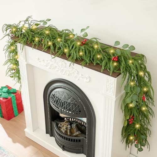 9FT Christmas Garland with Lights, Battery Operated Garland with Red Berries and Eucalyptus Leaves, Real Touch Artificial Prelit Garland for Mantle, Fireplace, Table, Stairs & Christmas Decorations - Image 2