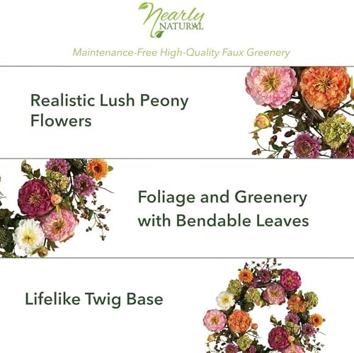Nearly Natural 24 in Artificial Peony Wreath for Front Door Decor - Image 2