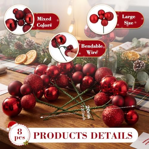 Daifunli 8 Pcs Burgundy Christmas Tree Picks 7.87 Inch Christmas Balls Ornaments Xmas Hanging Decorations for Xmas Tree Topper DIY Wreath Holiday Floral Vase Fillers Crafts Home Decor - Image 2