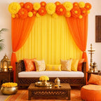 Indian Pooja Backdrop Decoration Set, Diwali Backdrop 4 Yellow Orange Tulle Drapes and 12 Paper Flowers, Mehndi Home Decorations for Varalakshmi, Haldi, Puja, Festival Decor - Image 6
