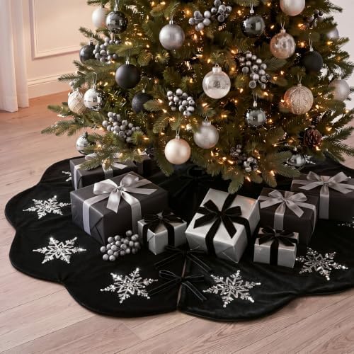Hollowfly Black Velvet Christmas Tree Skirt with Sequin Snowflake 48'' - Image 5
