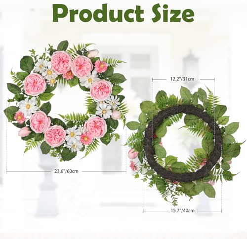 Spring Summer Wreath for Front Door with Large Roses, Daisies for All Seasons Indoor Outdoor Use, 24" Silk Floral Wreath Spring Summer Decorations for Home, Porch, Wall, Farmhouse, Wedding Decor - Image 3