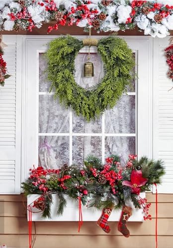 20" Heart-Shaped Wreath for Front Door – Faux Greenery with Rustic Bell – Waterproof & Fade-Resistant Christmas Decor for Porch, Holiday Wall or Indoor Use - Image 6