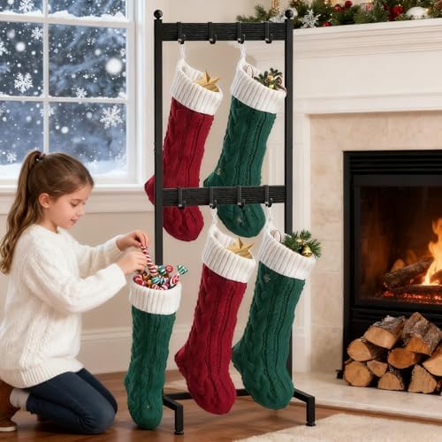 ELYKEN Vertical Christmas Stocking Holder Stand for Floor, 2 Tier Free Standing Stocking Rack with 8 Removable Hooks, Space Saving Metal Christmas Stocking Stand with Adjustable Feet, Black - Image 2