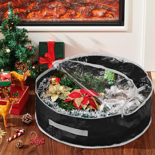 4 Pcs Christmas Wreath Storage Bag, Christmas Garland Storage Container with Clear Window, Zipper & Handle for Xmas Holiday Seasonal Wreath Garland Box(Black,36") - Image 4