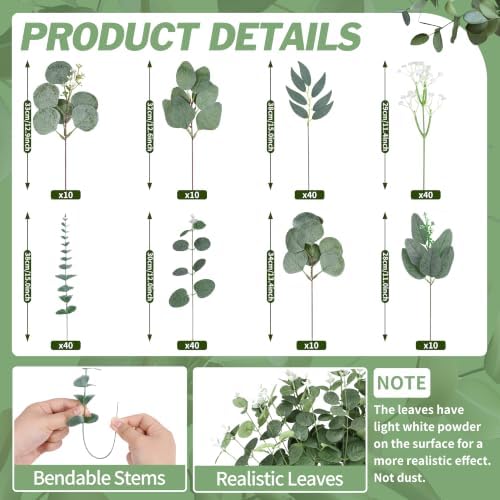 200 Pcs 8 Kinds Mixed Artificial Eucalyptus Stems Bulk Fake Silver Dollar Eucalyptus White Seeds Stems Bundle Faux Plants Greenery for DIY Bouquets Floral Arrangement Wedding Engagement Party Decor - Image 2
