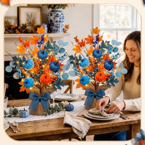 Yinder 2 Pack Lighted Fall Tree 18" Blue Orange Fall Thanksgiving Decor with LED Lights Battery Operated Artificial Eucalyptus Pumpkins Autumn Centerpiece for Harvest Halloween Fireplace Home Decor - Image 5