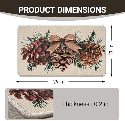 Winter Pine Cone Decorative Front Door Mat, Bow Pine Needle Red - Image 3