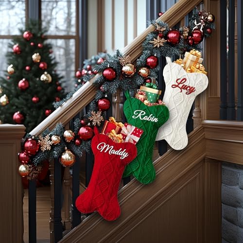 Personalized Dog Christmas Stockings 10 Pack, Custom Name Knitted Christmas Stockings, 16.9” Large Xmas Stocking for Dogs Cats Pets, Bone Shape Fireplace Hanging Holiday Xmas Party Decoration - Image 5