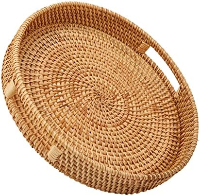 Round Rattan Serving Tray with Handles, Hand Woven Basket, Home Decor Organizer Tray for Breakfast, Tea, Snack, Fruit, Coffee,Storage (Large)(14.17inchX2.3inch) by Whalehub
