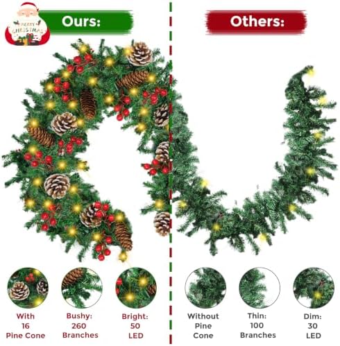 Christmas Garland, 9FT Prelit Christmas Garland with 50 LED Lights, Greenery Xmas Garland with 16 Pine Cones 75 Red Berry Christmas Decoration for Indoor Outdoor Home Mantel Fireplace - Image 6
