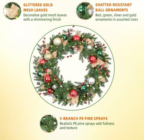 28 Inch Lighted Christmas Wreath with 50 Warm White LEDs and Timer, Battery Operated Pre-Lit Artificial Wreath with Christmas Ornaments and Gold Mesh Leaves for Front Door and Mantel - Image 4
