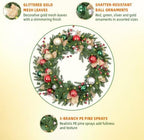 24 Inch Lighted Christmas Wreath with 30 Warm White LEDs and Timer, Battery Operated Pre-Lit Artificial Wreath with Christmas Ornaments and Gold Mesh Leaves for Front Door and Mantel - Image 4