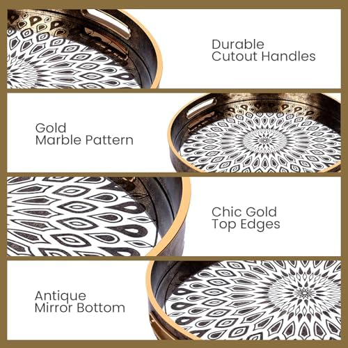 HOME ARCHIVE Round Serving Tray with with Handles Antique Look & Stylish Design Decorative Trays for Kitchen Round Ottoman Tray for Dinning Living Room & Home Decor Pack of 2 (White-Gold) - Image 4