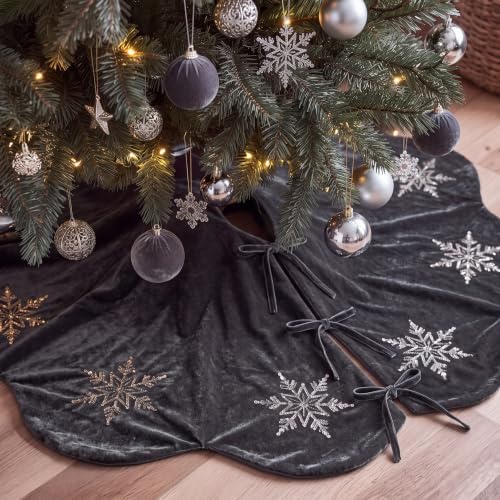 Hollowfly Gray Velvet Christmas Tree Skirt with Sequin Snowflake 48'' by Hollowfly