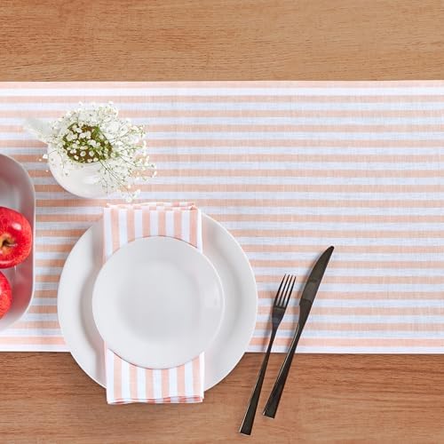Solino Home 100% Linen Table Runner, 14 x 108 in, Coral and White Striped - Image 3