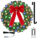 24in Pre Lit Christmas Wreath with Lights & Timer & Remote - 50 Multi-Colored LEDs, 8 Lighting Modes - Lighted Christmas Wreath with Hanger & Red Bow for Christmas Indoor Front Door Porch Decorations by GameXcel