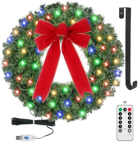 24in Pre Lit Christmas Wreath with Lights & Timer & Remote - 50 Multi-Colored LEDs, 8 Lighting Modes - Lighted Christmas Wreath with Hanger & Red Bow for Christmas Indoor Front Door Porch Decorations by GameXcel