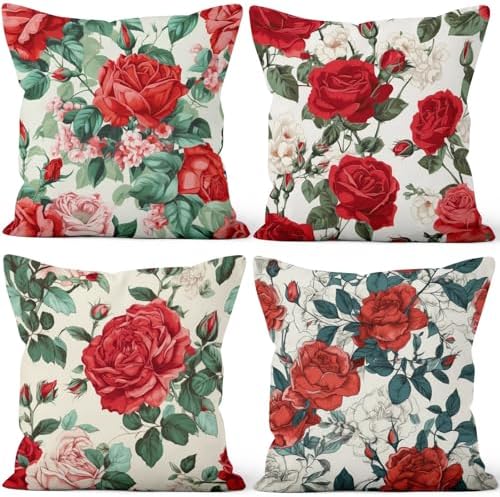 Red Rose Throw Pillow Cover 22''x22'' Set of 4, Spring Colorful Flowers Cushion Cover Rustic Blooming Floral Pillowcase for Couch Sofa Home Bedroom Farmhouse Livingroom Patio Car Outdoor by VieSavaran