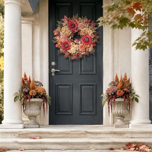 24"Fall Artificial Wreath with Sunflower Peony for Front Door Decor(Orange) - Image 3