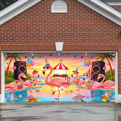 ANNA QUEEN 7x16 ft Garage Door Banner,Reusable Large Outdoor Backdrop for Tropical,Patriotic,Graduation and Christmas Party Decorations (Pink Flamingos) by ANNAQUEEN