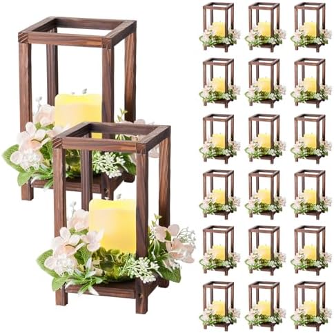 VEVOR 20 Set/60 Pcs Wooden Wedding Lantern Centerpiece, Includes 20 Wooden Lantern Candle Holder 20 Flameless LED Candle 20 Champagne Flower Wreath for Wedding Table Party Farmhouse Decor, Brown by VEVOR
