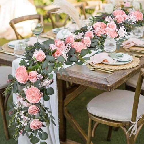 DearHouse 2Pcs Artificial Peony Flower Garland and - Silk Peony Garland with Flowers and Eucalyptus for Wedding Party Table Decoration,6ft/Strand (Pink) - Image 3