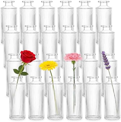 Nicunom 24 Pcs Glass Bud Vases Set, Small Vintage Ribbed Bud Vase in Bulk Decorative Vases Clear Mini Flower Vase for Centerpiece, Table Decorations, Wedding Reception, Home Decor, and Events by Nicunom