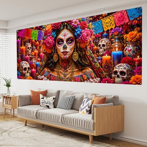 Day of the Dead Garage Door Banner 7x16 FT - Dia De Los Muertos Catrina Sugar Skull Backdrop Cover with Mexican Papel Picado Flowers Candles Decor for Double Car Garage Door Outdoor Fiesta Party - Image 7