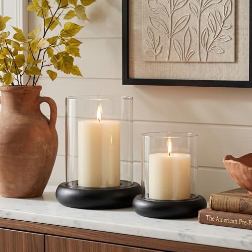 Set of 2 Black Hurricane Candle Holders with Wood Base - Image 7
