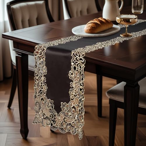 DECOZEN Gold Lace Black Christmas Table Runner – Embroidered Dining & Dresser Decor Scarf for Holiday Tables, Weddings & Parties – 14 x 108 in Elegant European Falling Granada Collection - Image 3