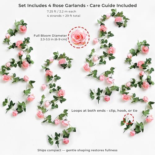 FiveSeasonStuff Amaranth Pink Artificial Rose Garlands, Four Separate Faux Flower Vines with Greenery - Image 5