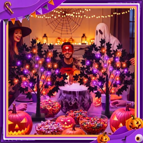 Teyva 2 Pack Halloween Black Tree 23.6 Inch, 48 LED Orange Purple Lights - Image 6