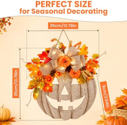 Fall Wreaths for Front Door, Burlap Style Pumpkin Sign with Autumn Leaves and Bow, Halloween Decor for Porch Wall (B-2PCS) - Image 2