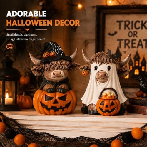 Karenhi 2 Pcs Halloween Highland Cows Figurines Resin, Pumpkin Decor - Image 2