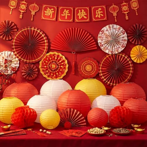 45 Pcs Chinese Lunar New Year Decorations, 2026 Year of the Horse Red Paper Fans Lanterns Lunar Horse Banner Fu Character Window Stickers Luck Hanging Ornaments Vietnamese Tet Party Supplies - Image 2
