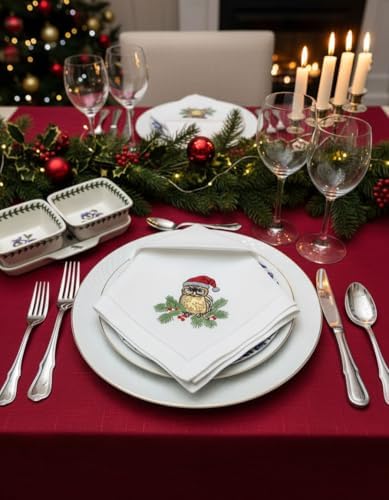 Embroidered Cloth Napkin Owl Christmas Cotton Napkins Set of 6, 20 x 20 Hemstitch Table Napkins, Machine Washable, for Daily & Holiday Dining, Great Gift Ideas - Image 3