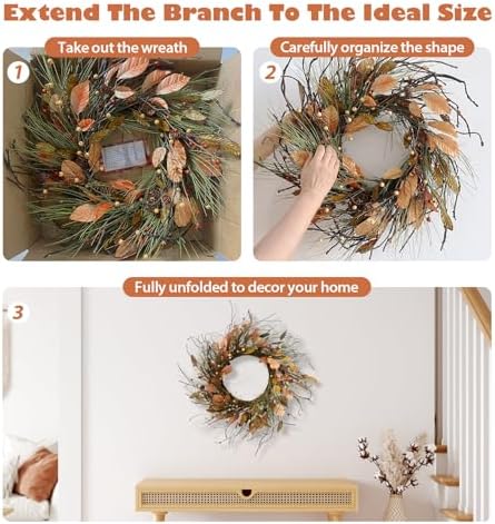 26 Inch Fall Wreath for Front Door Large Full Magnolia Leaf Wreath - Image 3