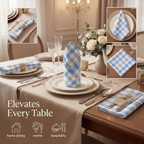 Urban Villa Cloth Napkins Cotton 20x20 (Set of 12) Blue Sand Checks - Image 2