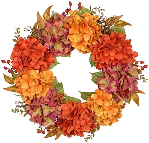 Artificial Fall Wreath, 24" Fake Hydrangea, Orange Burgundy Flowers by Arborus