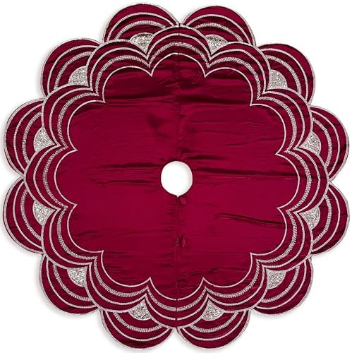 72-Inch Beaded Scalloped Satin Christmas Tree Skirt, Cranberry - Image 3