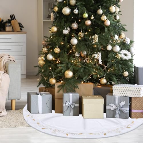 60inch Extra Large Christmas Tree Skirt White Luxury Velvet Plush Fur Skirts with Gold Embroidery Xmas Velvet Tree Skirt Holly Leaves Gold Embroidered Trees Skirts for Christmas Holiday Party Decor - Image 4