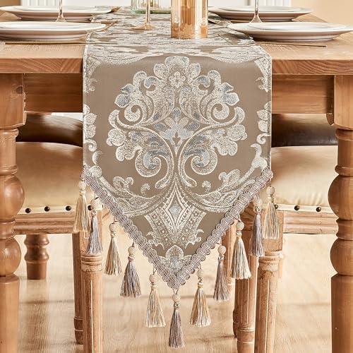 Loom and Mill Damask Floral Table Runner 108 Inches Long, Light Coffee by LoomandMill
