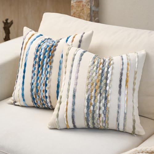 Aeckself Boho Pillow Covers 18x18 Inch Set of 2, Farmhouse Decorative Striped Square Chenille Tufted Accent Neutral Throw Pillow Covers for Living Room Couch Bed, Sky Blue - Image 4