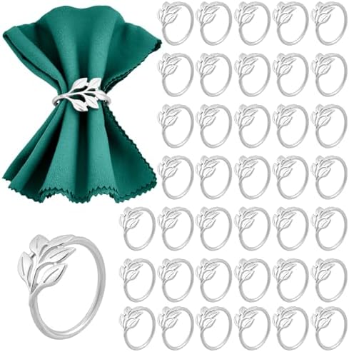 Peacoblue 60Pcs Sliver Leaf Napkin Rings Holders Modern Stainless Steel Napkin Ring Holders for Table Decor Settings, Vintage Napkin Ring for Wedding Christmas Thanksgiving Day Party by PEACOBLUE