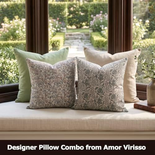 Amor Virisso Floral Throw Pillow Covers 20x20 Set of 2 Vintage Block Print Pillow Covers Decorative Pillow Covers Couch Pillows for Living Room Farmhouse Accent Sofa Pillows, Green/Sand - Image 4