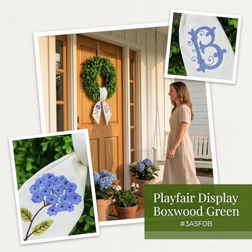 Boxwood Wreath for Front Door Spring Summer Wreaths Farmhouse Hanger,Last Name Initial Year Round Porch Decor,20 inch Multi Occasion use Wreath with Personalized Monogram sash Embroidered -(B) - Image 5