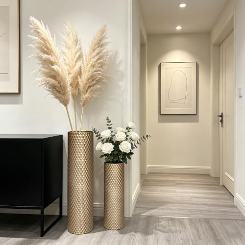 Gold Tall Floor Vase - Set of 3 Brass Large Metal Decorative Vases - Image 2